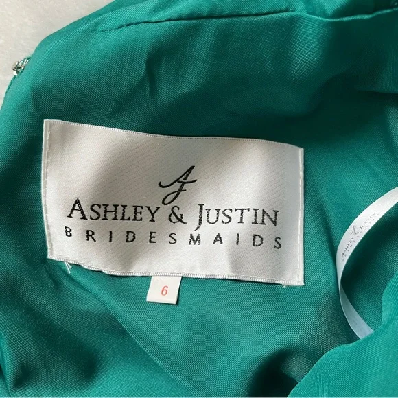 Ashley & Justin Bridesmaids Emerald Green Satin Formal Ball Gown Size 6 NWT Lace - Picture 8 of 15